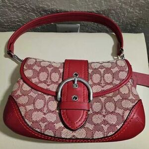 Coach Red Signature Canvas Shoulder Bag with Leather Trim and Silver Buckle